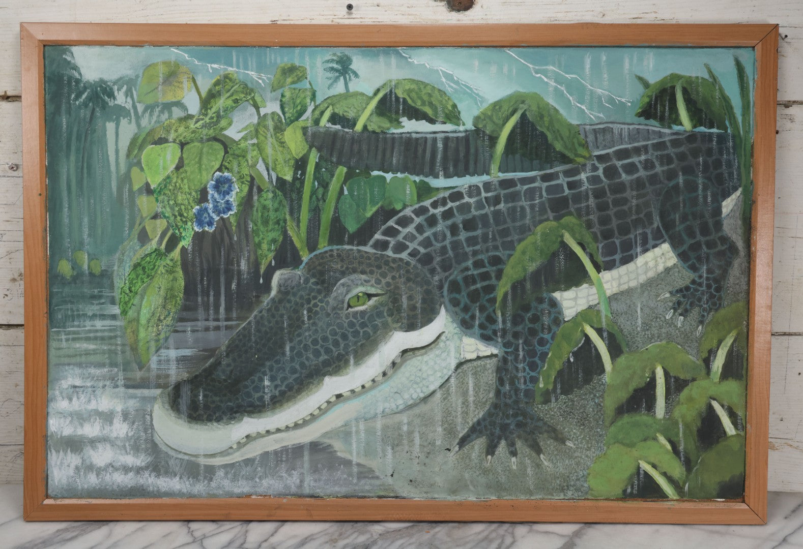 Lot 011 - Contemporary Painting On Panel Of An Alligator In A Rain And Lightning Storm, 36" x 24"