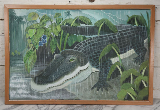 Lot 011 - Contemporary Painting On Panel Of An Alligator In A Rain And Lightning Storm, 36" x 24"