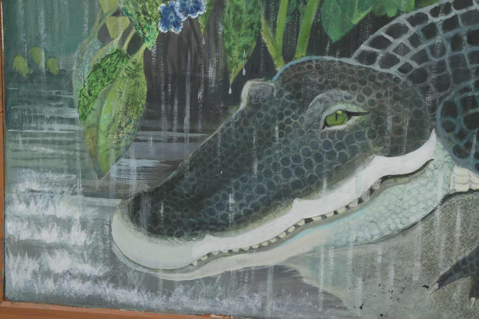 Lot 011 - Contemporary Painting On Panel Of An Alligator In A Rain And Lightning Storm, 36" x 24"