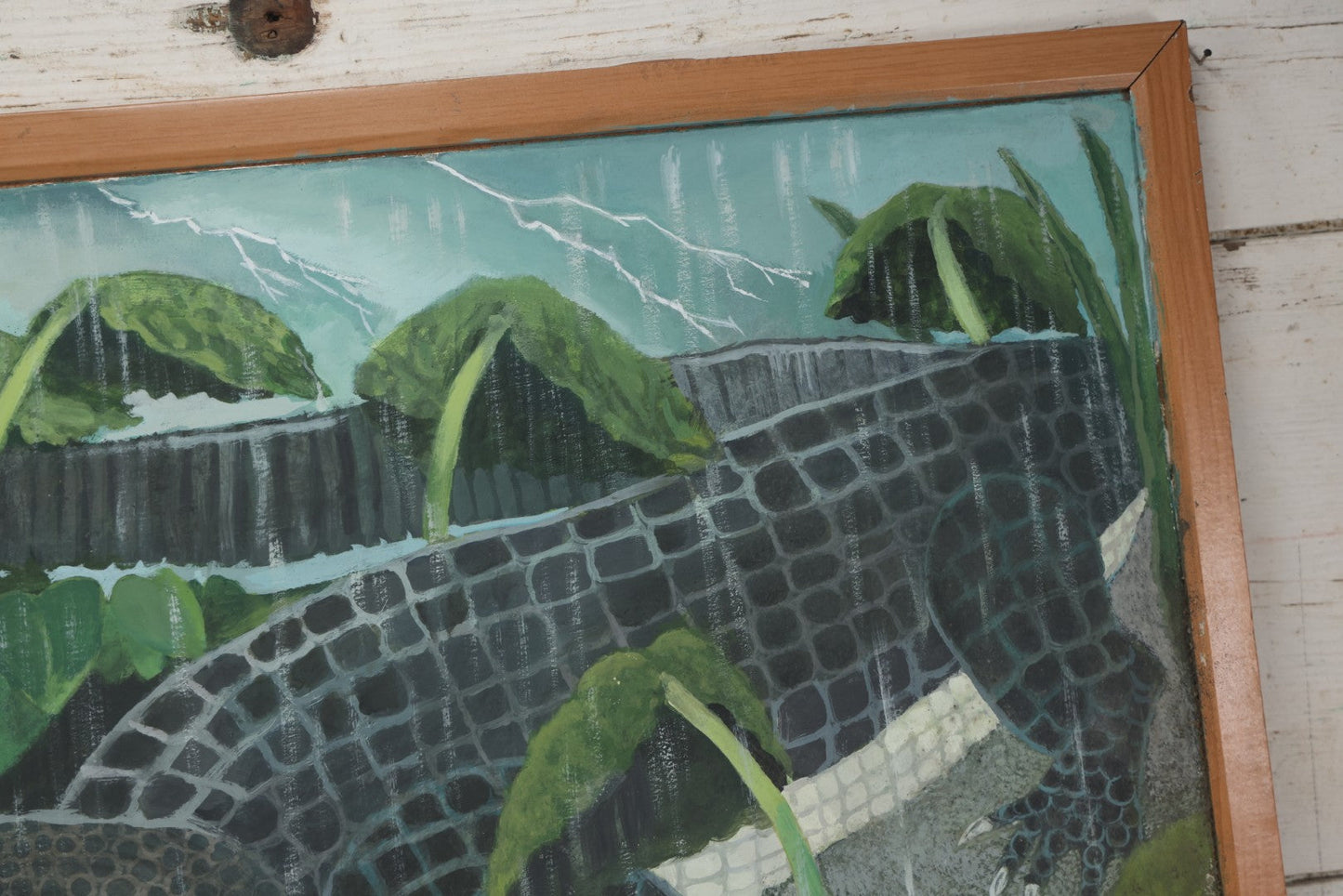 Lot 011 - Contemporary Painting On Panel Of An Alligator In A Rain And Lightning Storm, 36" x 24"