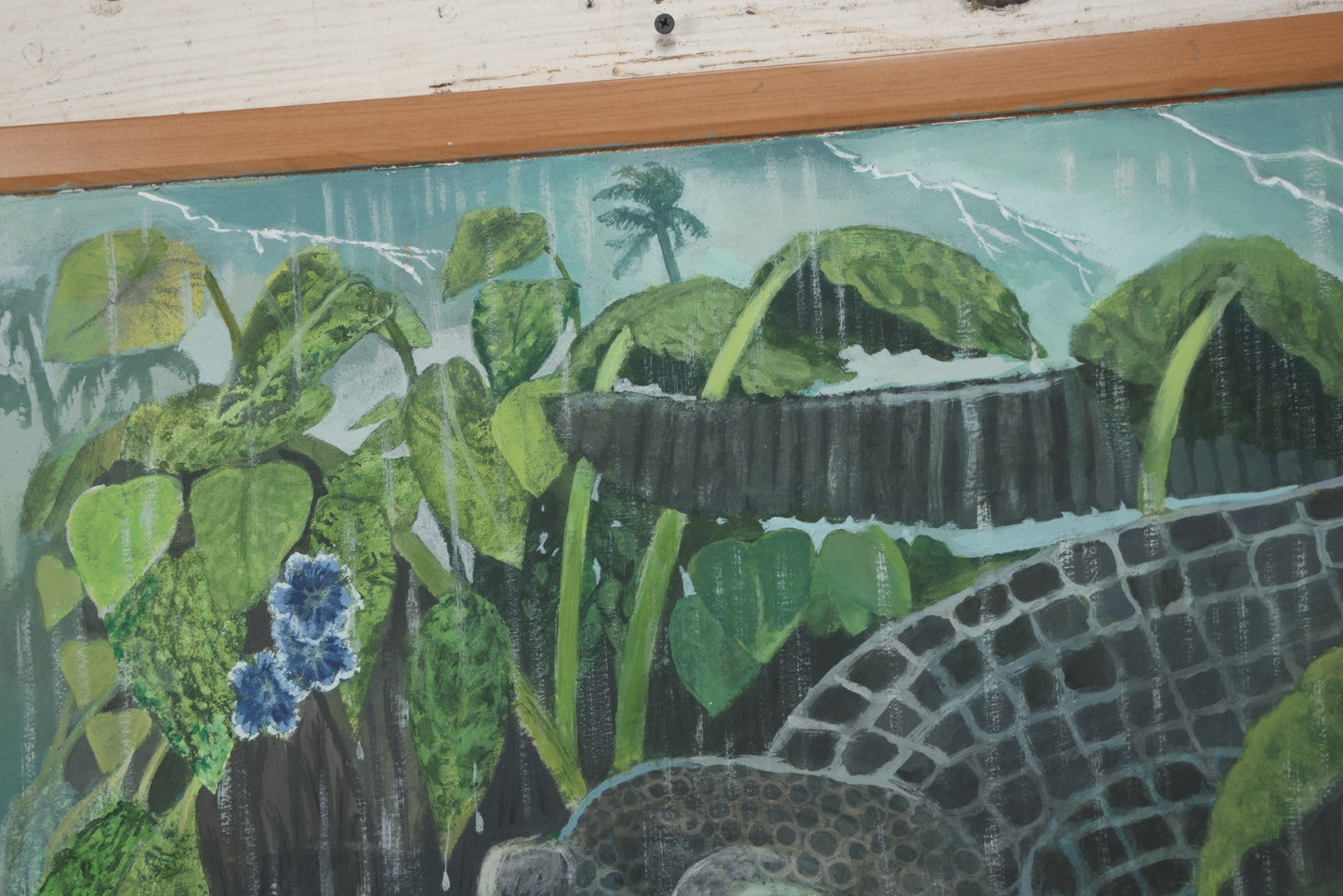 Lot 011 - Contemporary Painting On Panel Of An Alligator In A Rain And Lightning Storm, 36" x 24"