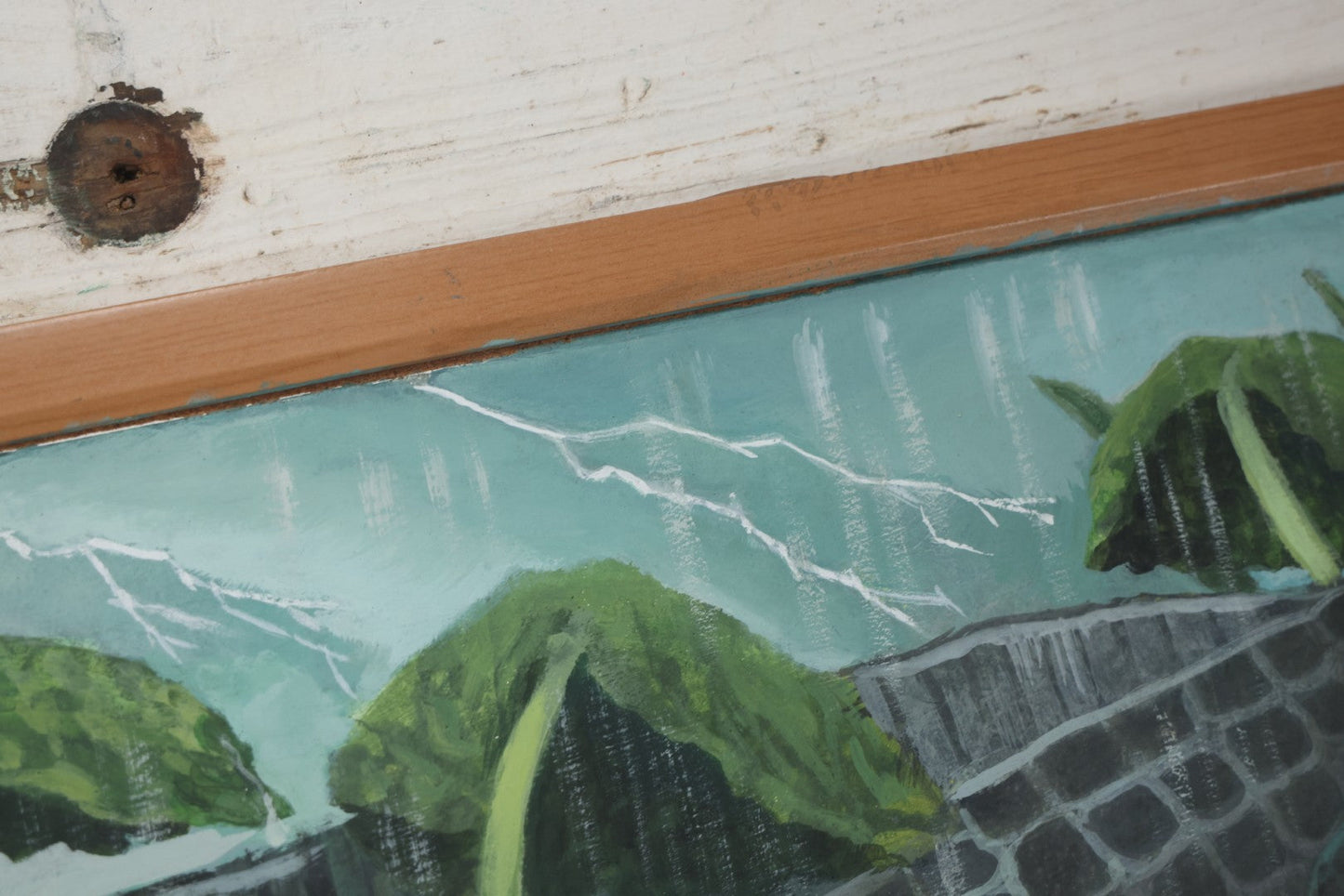 Lot 011 - Contemporary Painting On Panel Of An Alligator In A Rain And Lightning Storm, 36" x 24"