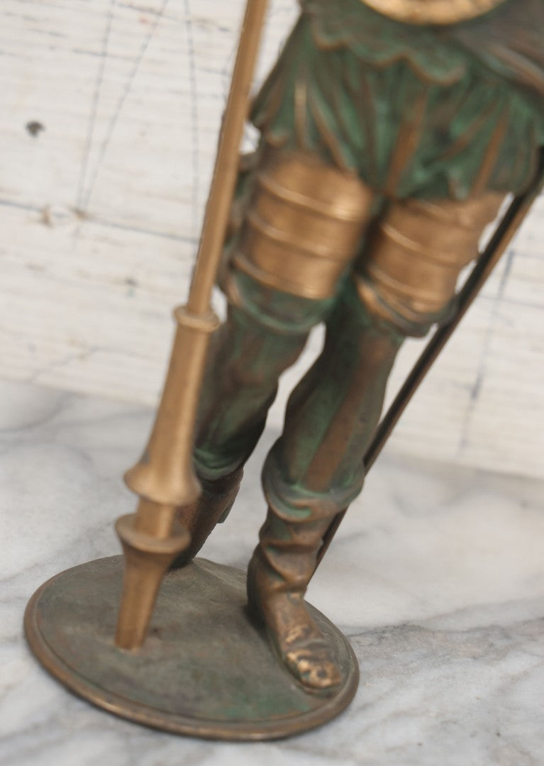 Lot 012 - Antique Cast Metal Statue Of A Soldier In Armor Holding A Spear, Note Green Man On Chest, Patinated, Gilded Finish, 16-1/8" Overall Height