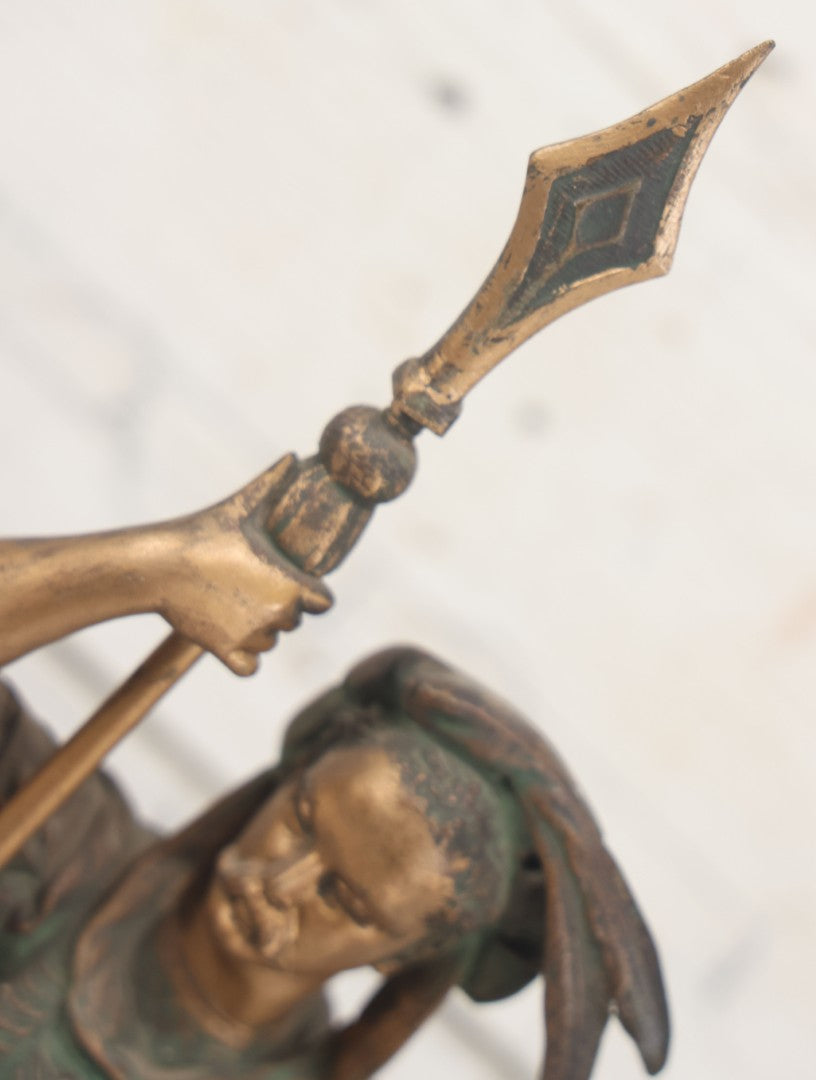 Lot 012 - Antique Cast Metal Statue Of A Soldier In Armor Holding A Spear, Note Green Man On Chest, Patinated, Gilded Finish, 16-1/8" Overall Height