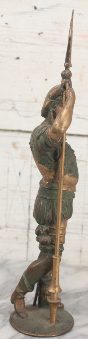 Lot 012 - Antique Cast Metal Statue Of A Soldier In Armor Holding A Spear, Note Green Man On Chest, Patinated, Gilded Finish, 16-1/8" Overall Height