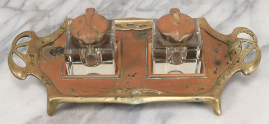 Lot 013 - Antique German Art Nouveau Double Inkwell Stand With Glass Inkwells, Marked "Geschützt" (German Copyright), Note Various Wear And Patina