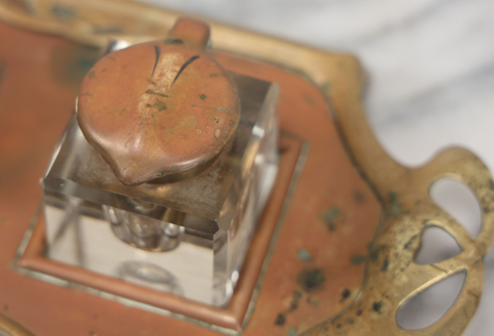 Lot 013 - Antique German Art Nouveau Double Inkwell Stand With Glass Inkwells, Marked "Geschützt" (German Copyright), Note Various Wear And Patina