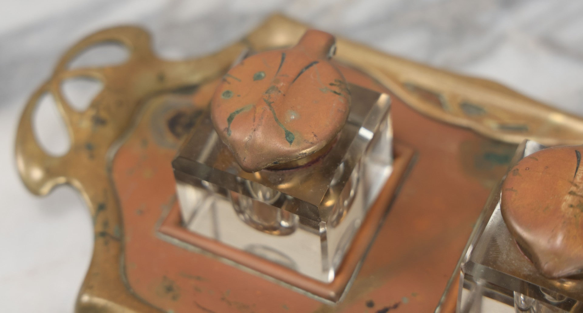 Lot 013 - Antique German Art Nouveau Double Inkwell Stand With Glass Inkwells, Marked "Geschützt" (German Copyright), Note Various Wear And Patina