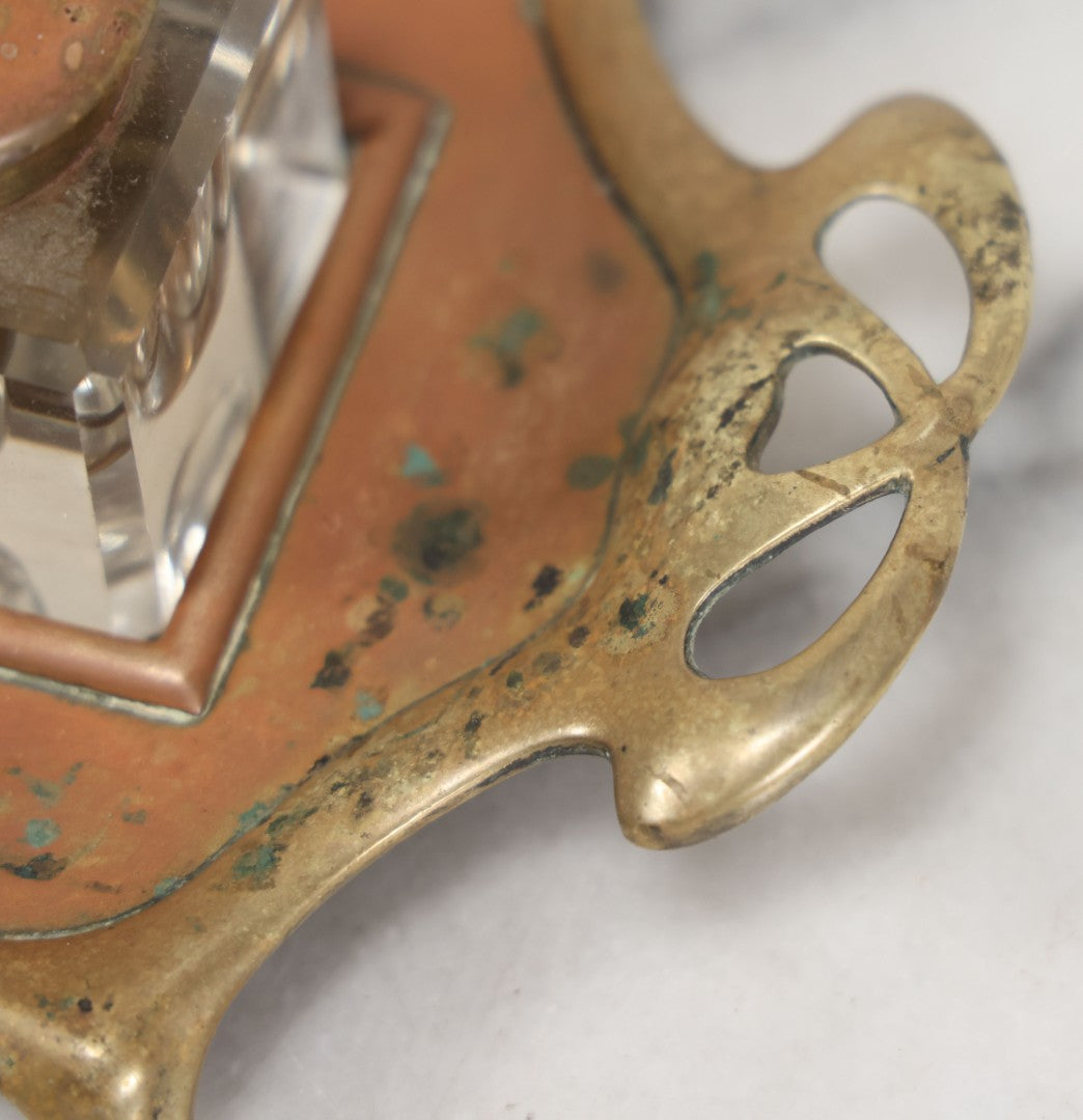 Lot 013 - Antique German Art Nouveau Double Inkwell Stand With Glass Inkwells, Marked "Geschützt" (German Copyright), Note Various Wear And Patina