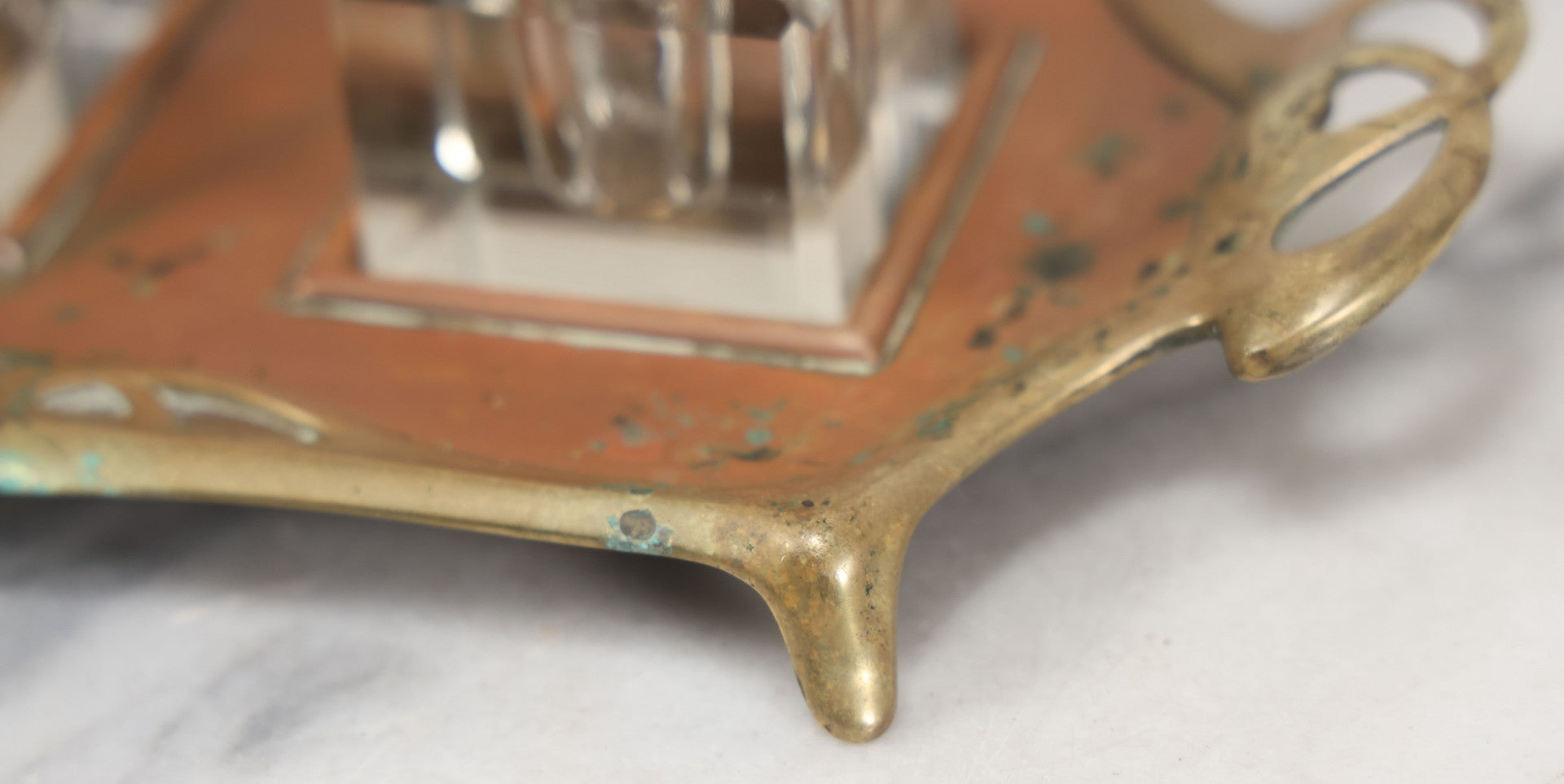 Lot 013 - Antique German Art Nouveau Double Inkwell Stand With Glass Inkwells, Marked "Geschützt" (German Copyright), Note Various Wear And Patina