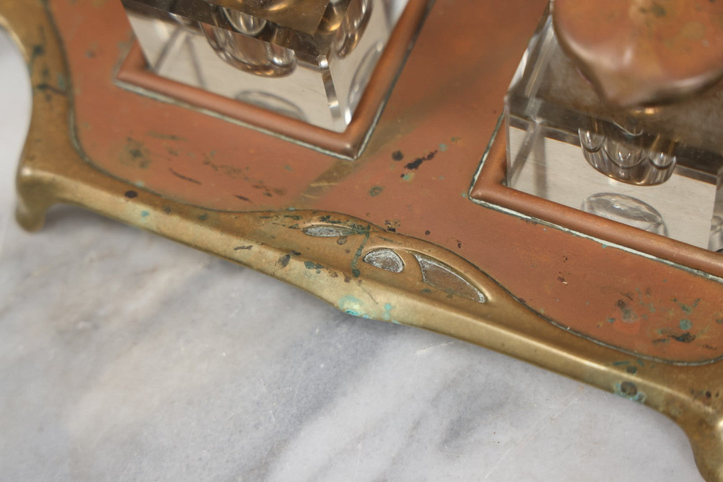 Lot 013 - Antique German Art Nouveau Double Inkwell Stand With Glass Inkwells, Marked "Geschützt" (German Copyright), Note Various Wear And Patina