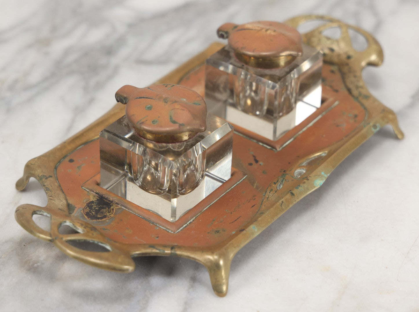 Lot 013 - Antique German Art Nouveau Double Inkwell Stand With Glass Inkwells, Marked "Geschützt" (German Copyright), Note Various Wear And Patina