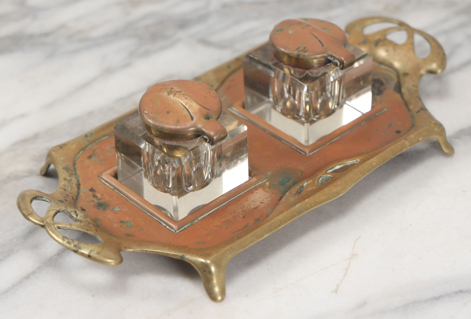 Lot 013 - Antique German Art Nouveau Double Inkwell Stand With Glass Inkwells, Marked "Geschützt" (German Copyright), Note Various Wear And Patina