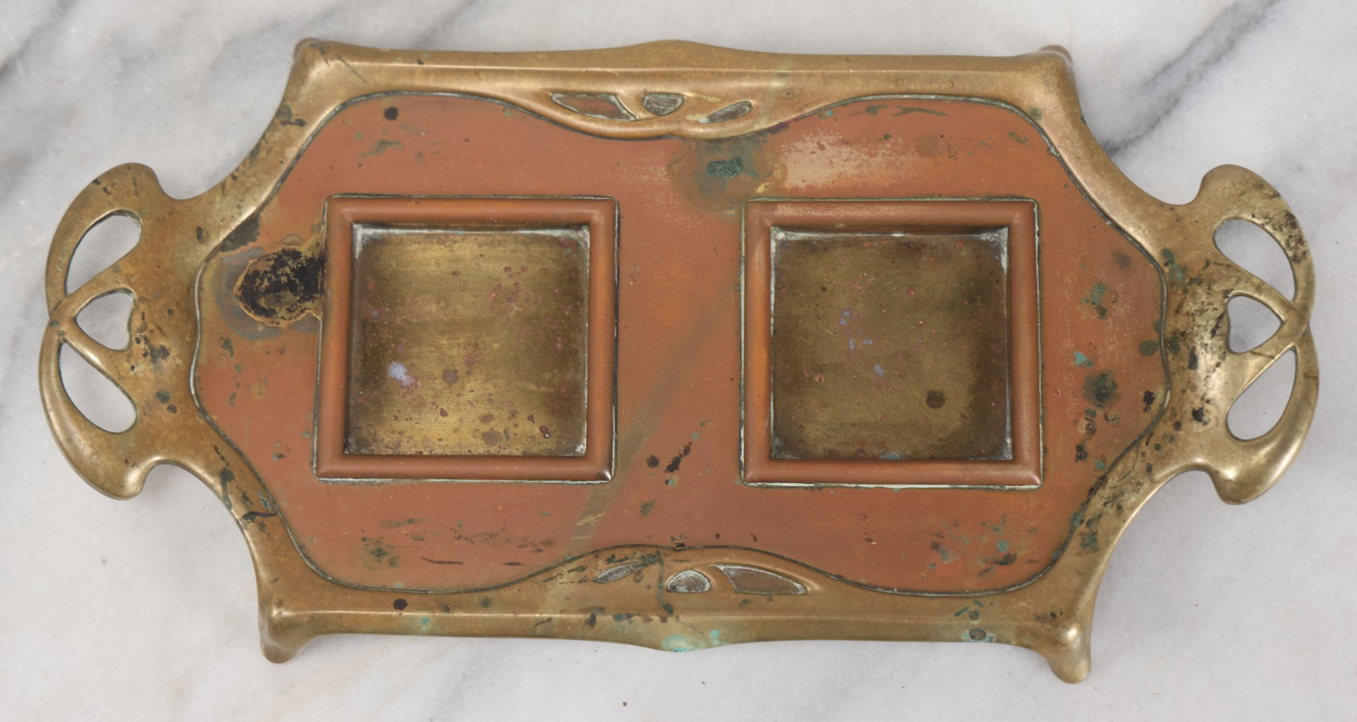 Lot 013 - Antique German Art Nouveau Double Inkwell Stand With Glass Inkwells, Marked "Geschützt" (German Copyright), Note Various Wear And Patina