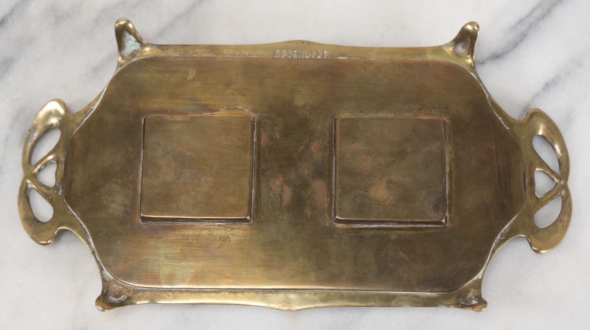 Lot 013 - Antique German Art Nouveau Double Inkwell Stand With Glass Inkwells, Marked "Geschützt" (German Copyright), Note Various Wear And Patina