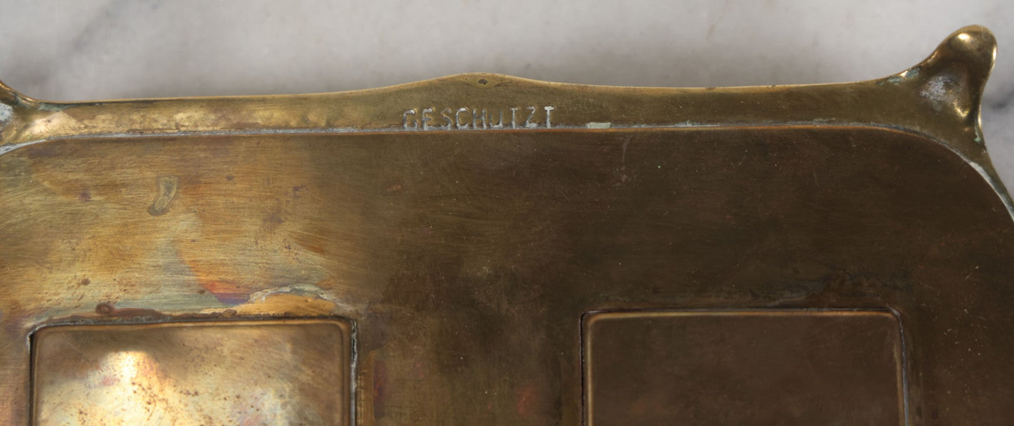 Lot 013 - Antique German Art Nouveau Double Inkwell Stand With Glass Inkwells, Marked "Geschützt" (German Copyright), Note Various Wear And Patina