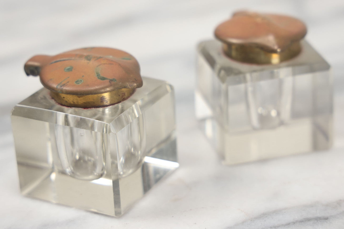 Lot 013 - Antique German Art Nouveau Double Inkwell Stand With Glass Inkwells, Marked "Geschützt" (German Copyright), Note Various Wear And Patina