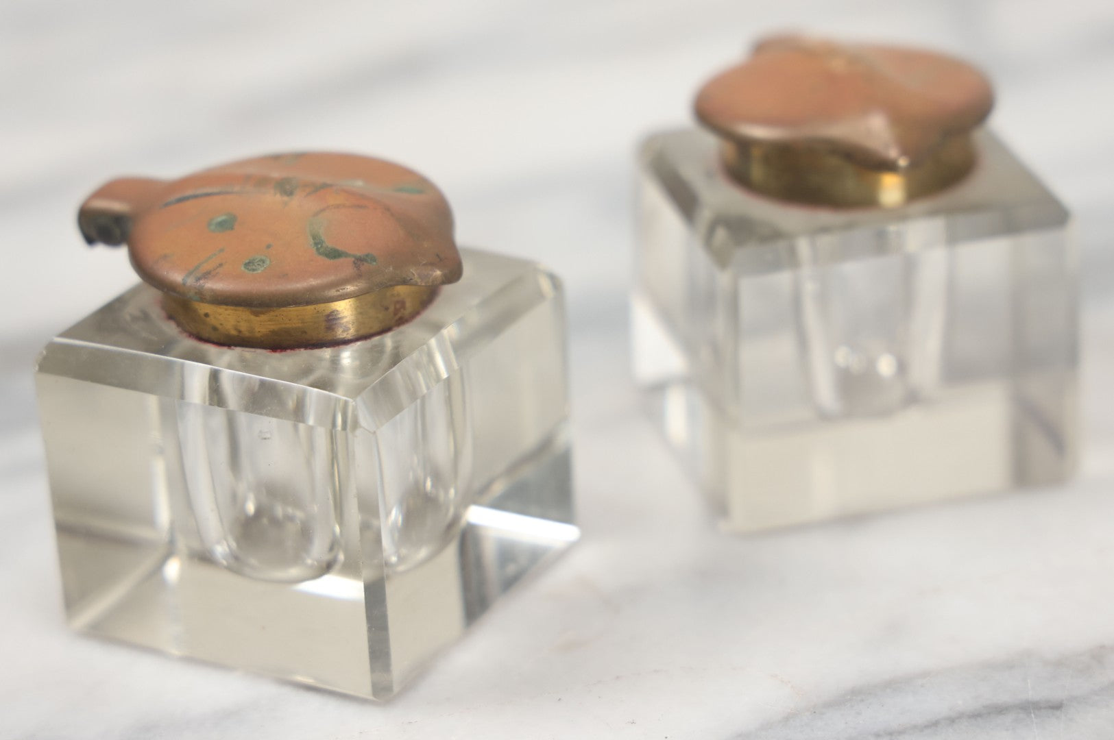 Lot 013 - Antique German Art Nouveau Double Inkwell Stand With Glass Inkwells, Marked "Geschützt" (German Copyright), Note Various Wear And Patina
