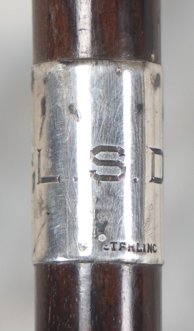 Lot 015 - Antique Wood Cane With Sterling Silver Band, L.S.D. Monogram, Also Marked "B" And "22," Circa 1920s, Overall Length Approximately 34-1/2" 