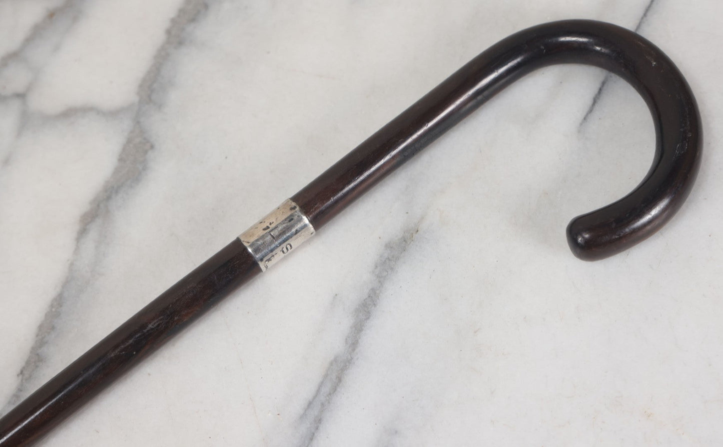 Lot 015 - Antique Wood Cane With Sterling Silver Band, L.S.D. Monogram, Also Marked "B" And "22," Circa 1920s, Overall Length Approximately 34-1/2" 