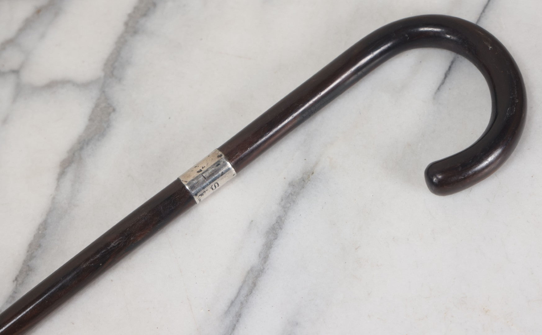 Lot 015 - Antique Wood Cane With Sterling Silver Band, L.S.D. Monogram, Also Marked "B" And "22," Circa 1920s, Overall Length Approximately 34-1/2" 