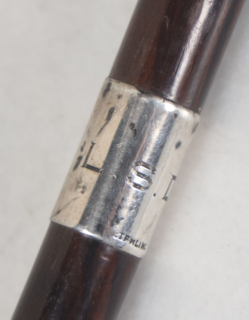 Lot 015 - Antique Wood Cane With Sterling Silver Band, L.S.D. Monogram, Also Marked "B" And "22," Circa 1920s, Overall Length Approximately 34-1/2" 