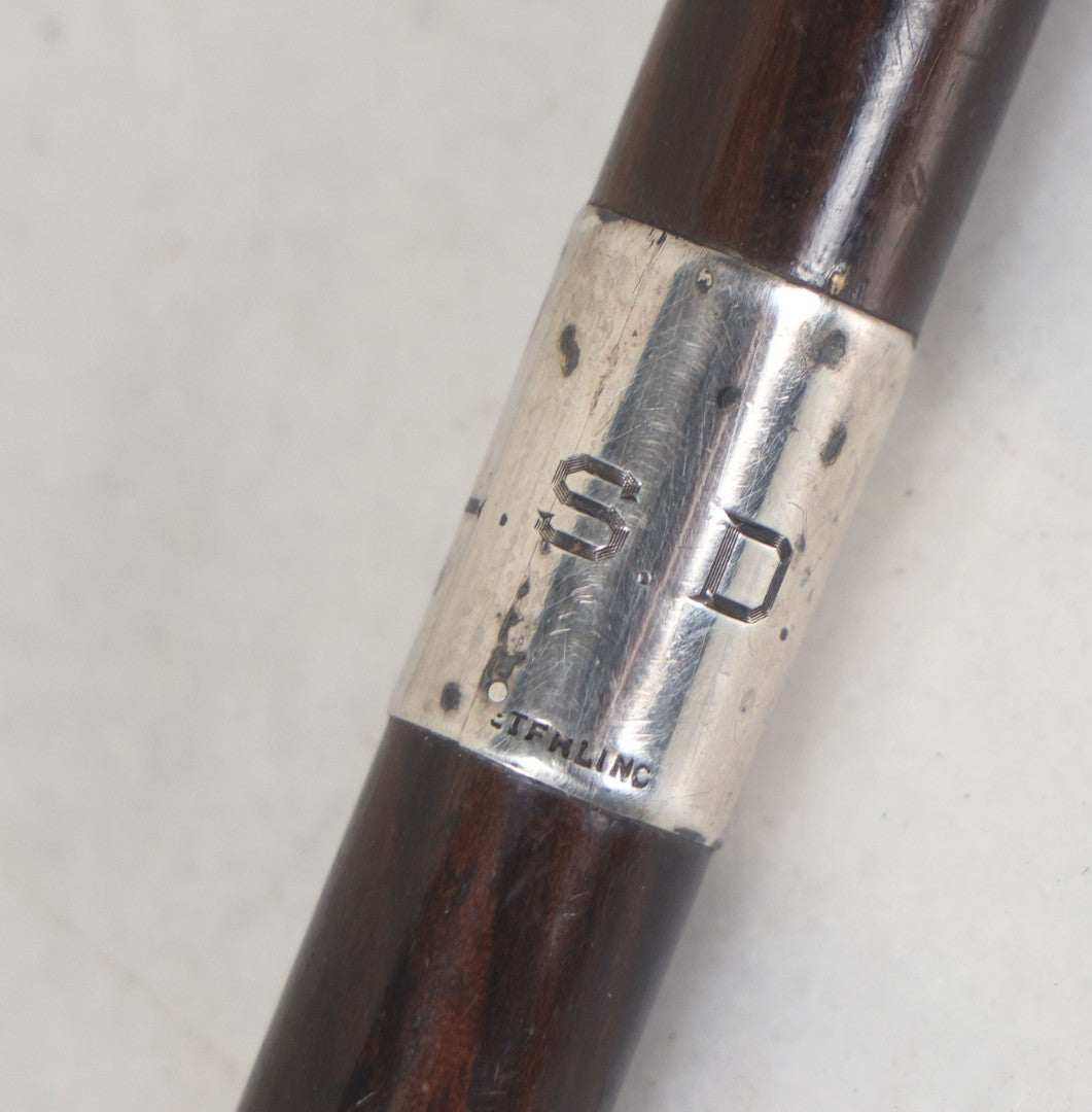 Lot 015 - Antique Wood Cane With Sterling Silver Band, L.S.D. Monogram, Also Marked "B" And "22," Circa 1920s, Overall Length Approximately 34-1/2" 