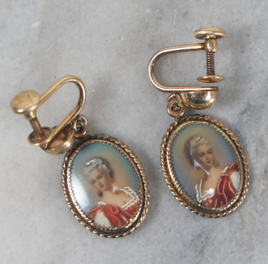 Lot 017 - Pair Of Vintage 1/20th 12K Gold Filled Screw Back Earrings With Miniature Portrait, Painted Details, Marked J.M.S.