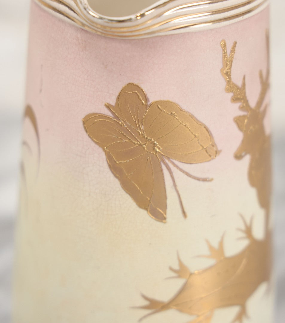 Lot 032 - Antique Ceramic Pitcher With Butterfly, Elk Motif, Pink And Gold Coloring, Minor Chipping
