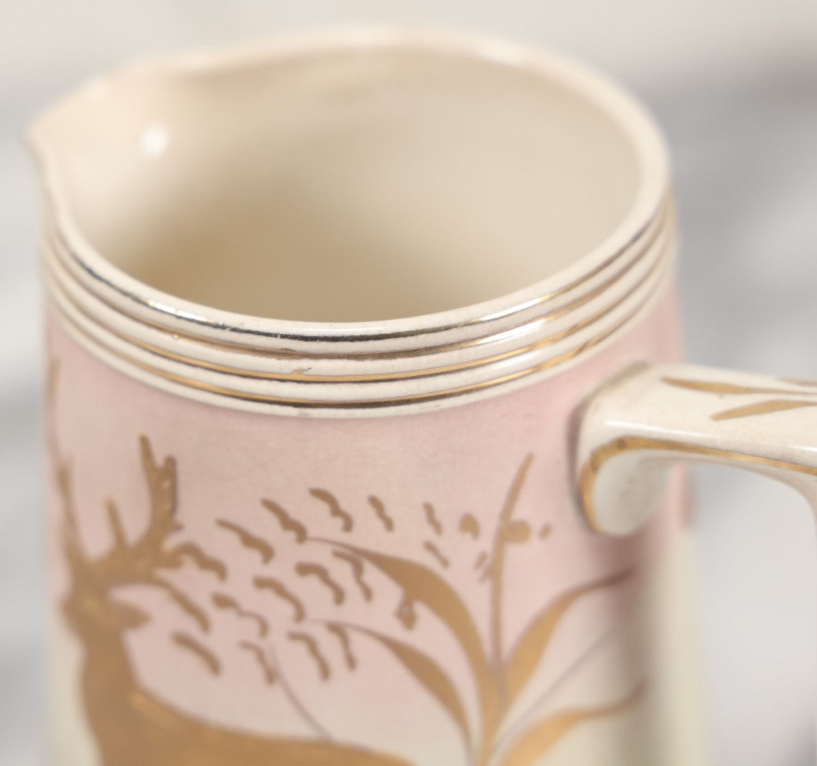 Lot 032 - Antique Ceramic Pitcher With Butterfly, Elk Motif, Pink And Gold Coloring, Minor Chipping