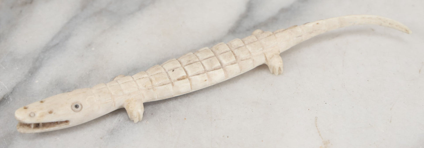 Lot 034 - Vintage Folky Carved Bone Alligator Figure, 7" Overall Length, Note Missing Some Teeth