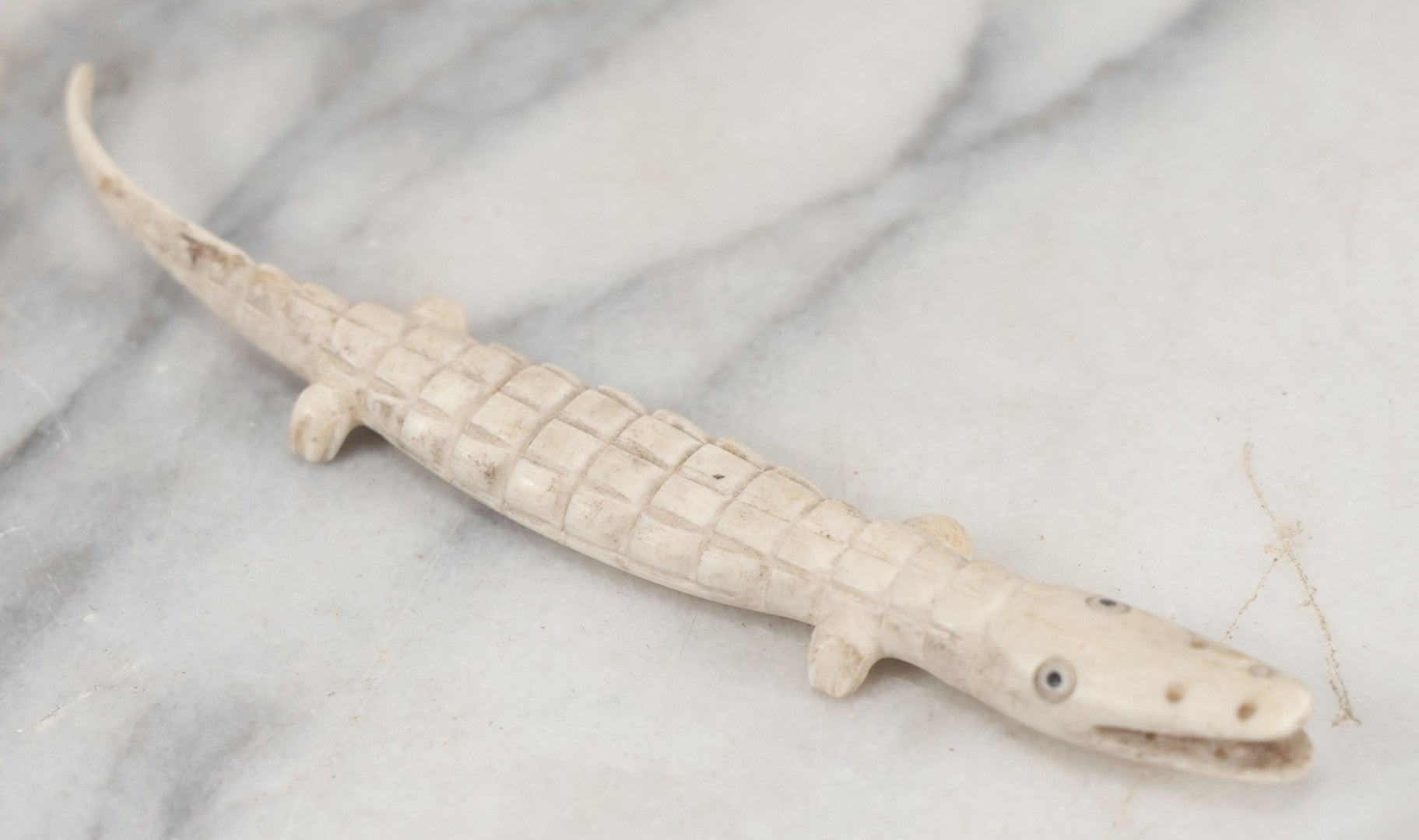 Lot 034 - Vintage Folky Carved Bone Alligator Figure, 7" Overall Length, Note Missing Some Teeth
