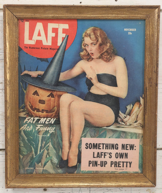 Lot 037 - Vintage Framed Halloween Laff Magazine, The Humorous Picture Magazine, With Lenore Thomas Pinup Cover With Jack O Lantern, November 1947, Complete Original Magazine Is Located In Frame, 12-5/8" x 15-1/8"