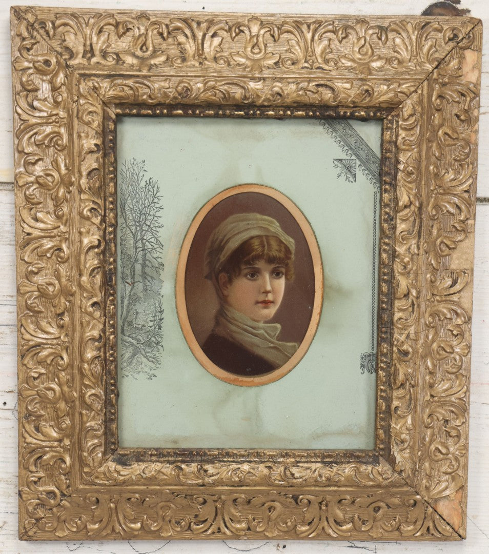 Lot 038 - Antique Chromolithograph Portrait Print Of A Victorian Woman In Headscarf, In Ornate Wooden Gilded Wooden Frame With Decorative Nature Motif Mat, 13-1/4" x 15-1/4"
