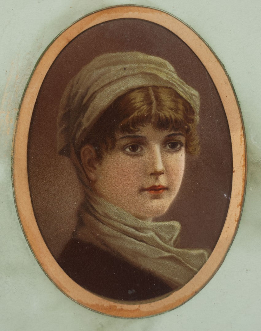 Lot 038 - Antique Chromolithograph Portrait Print Of A Victorian Woman In Headscarf, In Ornate Wooden Gilded Wooden Frame With Decorative Nature Motif Mat, 13-1/4" x 15-1/4"