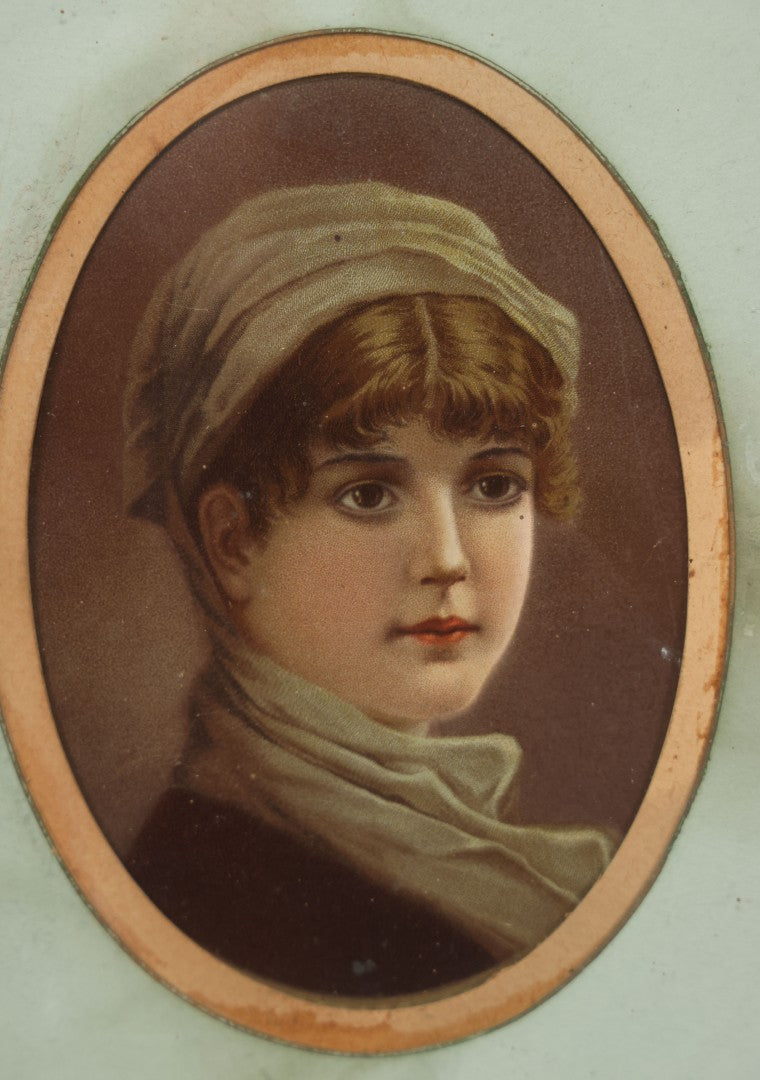 Lot 038 - Antique Chromolithograph Portrait Print Of A Victorian Woman In Headscarf, In Ornate Wooden Gilded Wooden Frame With Decorative Nature Motif Mat, 13-1/4" x 15-1/4"