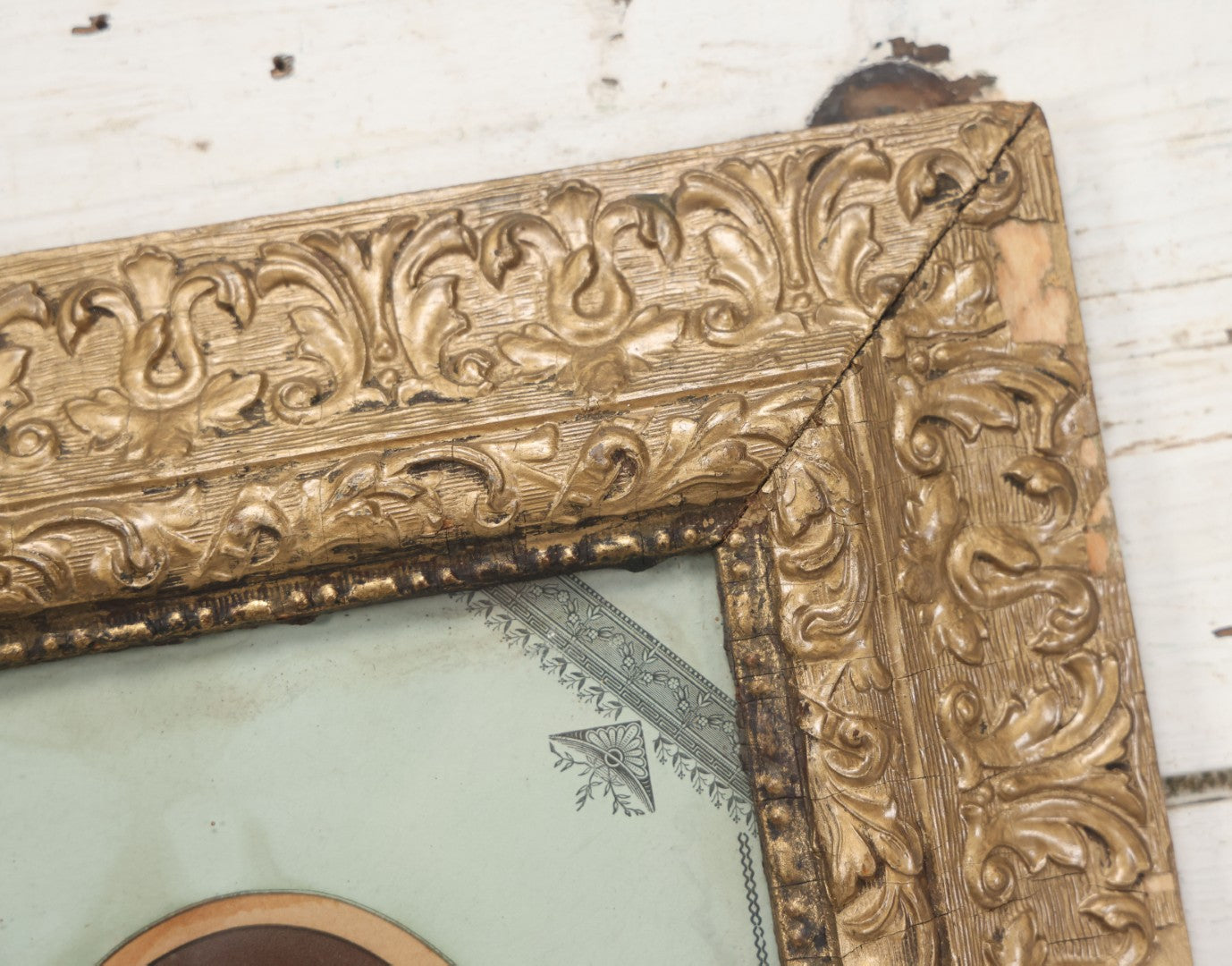 Lot 038 - Antique Chromolithograph Portrait Print Of A Victorian Woman In Headscarf, In Ornate Wooden Gilded Wooden Frame With Decorative Nature Motif Mat, 13-1/4" x 15-1/4"