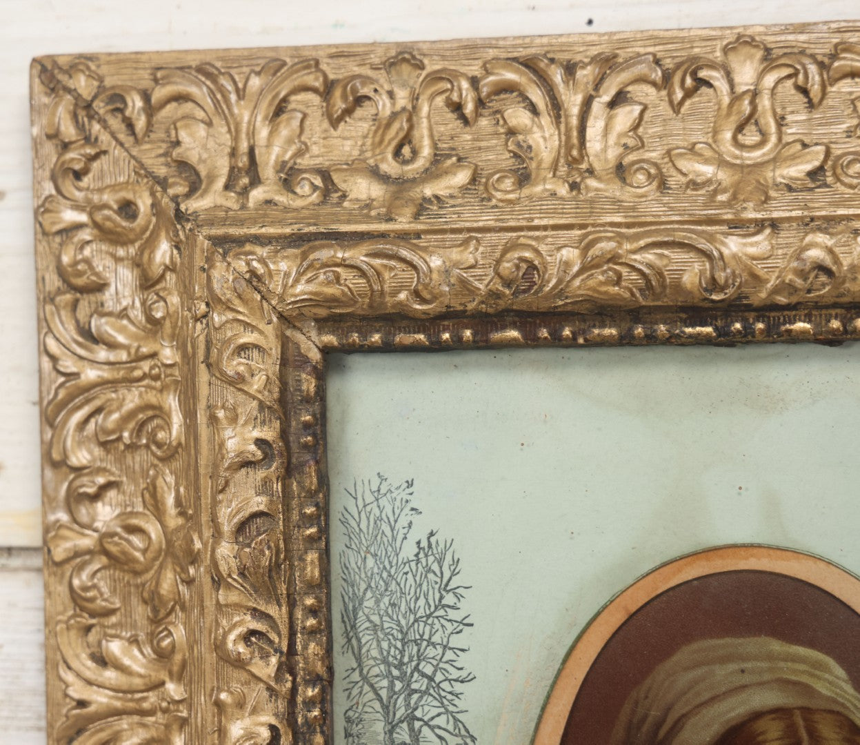 Lot 038 - Antique Chromolithograph Portrait Print Of A Victorian Woman In Headscarf, In Ornate Wooden Gilded Wooden Frame With Decorative Nature Motif Mat, 13-1/4" x 15-1/4"