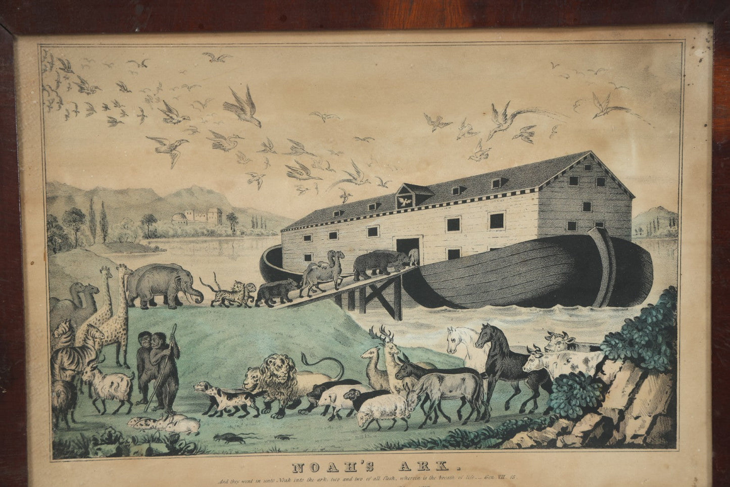 Lot 045 - Antique Hand Colored Lithograph Of Noah's Ark, Animals Arriving On Ark, Published By N. Currier, Mid 19th Century, 16-3/8" x 12-1/2"