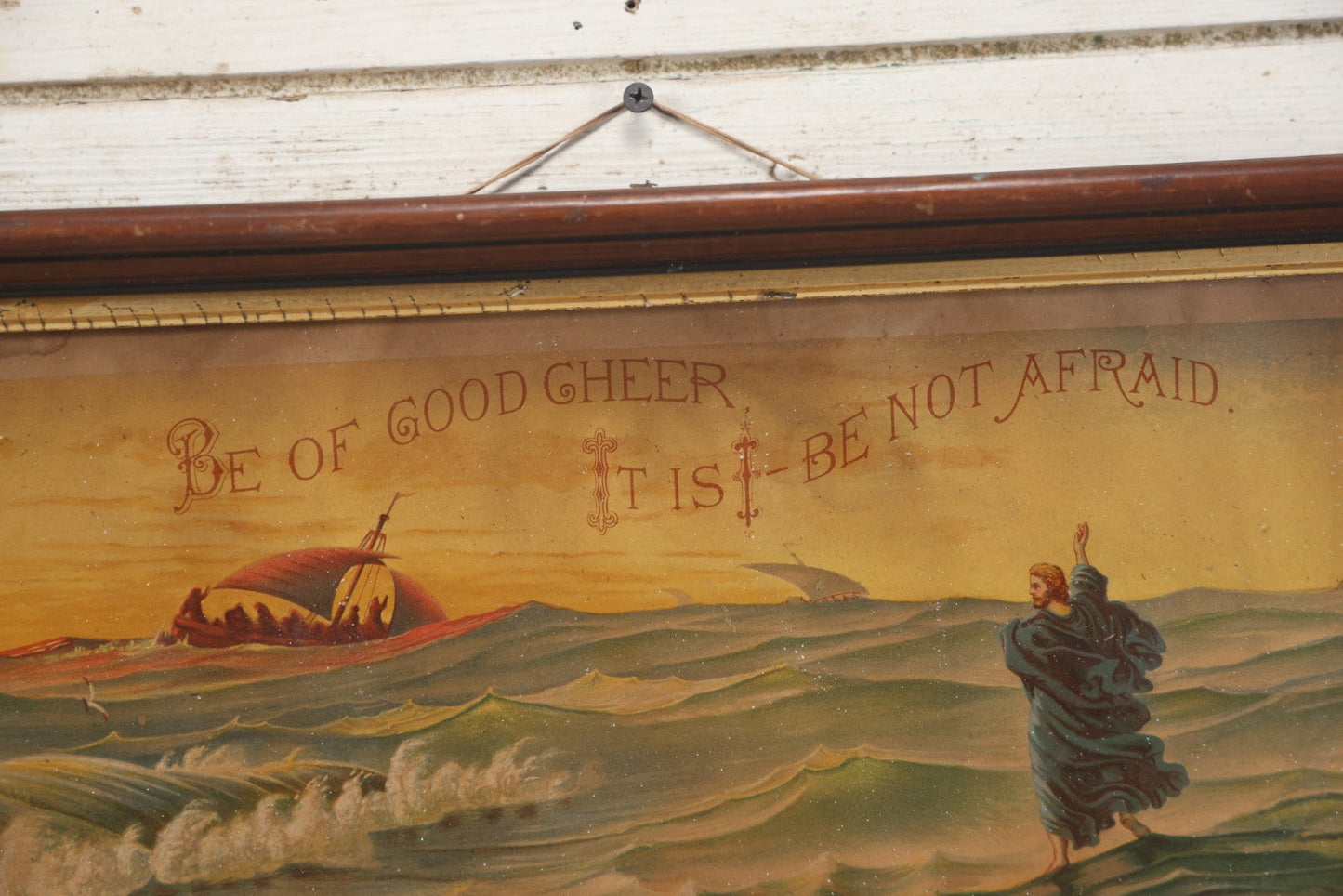 Lot 046 - Antique Biblical Chromolithograph Of Matthew 14:27, "Be Of Good Cheer, It Is I, Be Not Afraid, Jesus Walking On Water, Note Residue In Frame, Wear, Fading, 10-1/2" x 22-3/4"