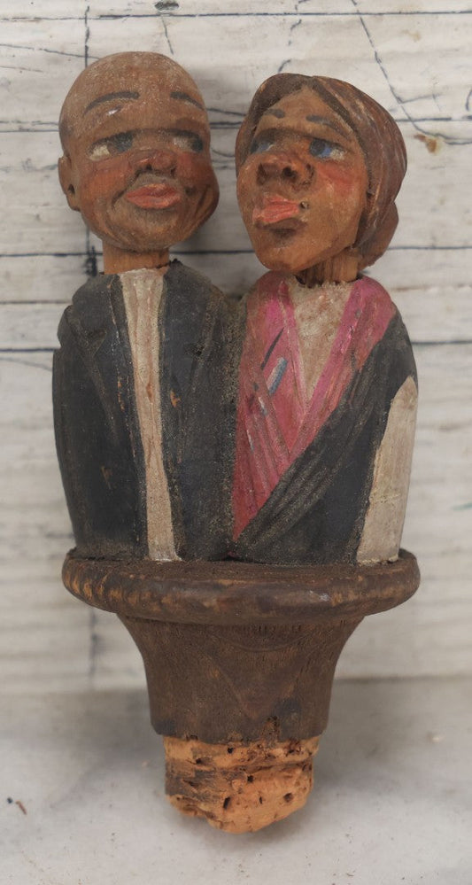 Lot 062 - Vintage Carved Wood Folk Art Mechanical Cork Bottle Stopper, Animated, Man And Woman Kiss When Lever Pulled, Note Cork Worn