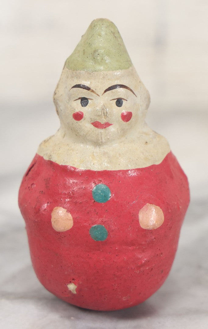 Lot 064 - Vintage Papier Mache Or Composition Roly Poly Clown Toy In Red Shirt With Pointy Hat, Make-Up, Note Wear, As Found