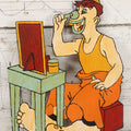 Lot 067 - Vintage Folk Art, Scroll Cut Hand Painted Clown With Large Feet Doing Makeup In Mirror, Grinning With Yellow Teeth