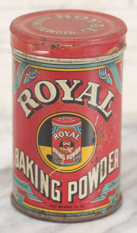 Lot 076 - Vintage Royal Baking Powder Red Blue And Yellow Tin, Copyright 1938 Standard Brands Incorporated