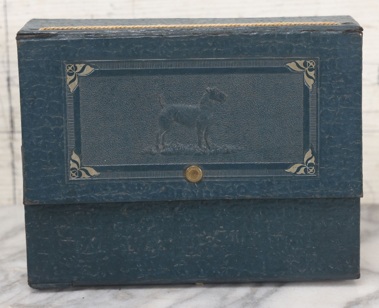 Lot 083 - Vintage Blue Leatherette Travel Handkerchief Box With Scottie Dog, Brass Button