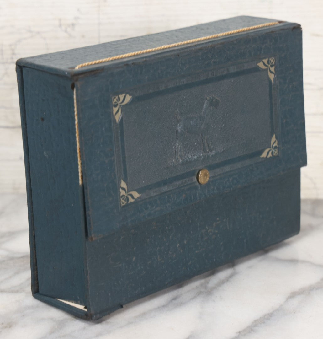 Lot 083 - Vintage Blue Leatherette Travel Handkerchief Box With Scottie Dog, Brass Button