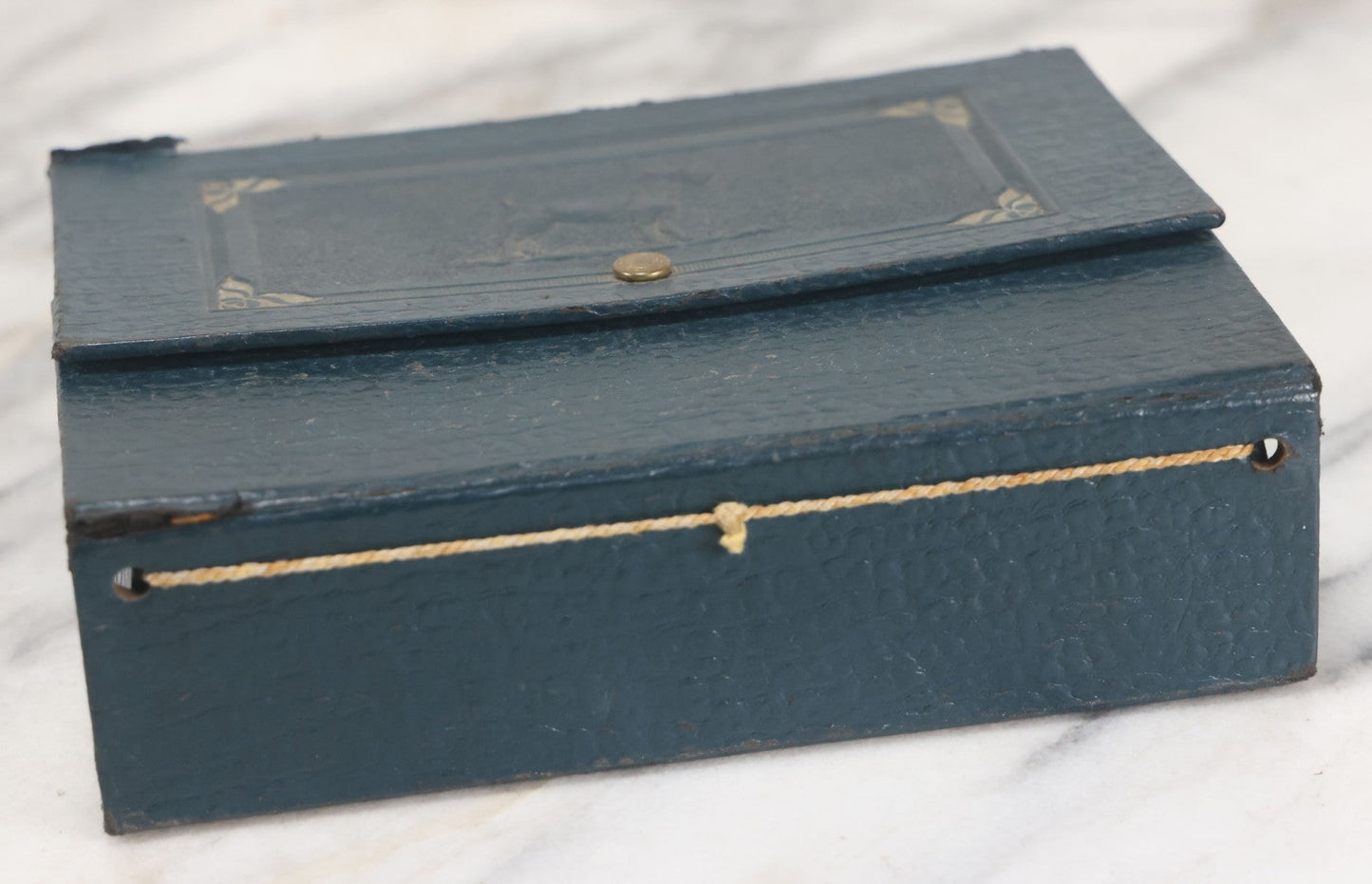 Lot 083 - Vintage Blue Leatherette Travel Handkerchief Box With Scottie Dog, Brass Button