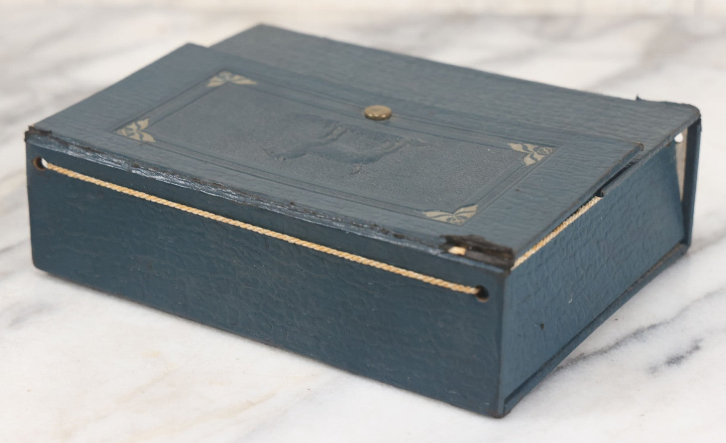 Lot 083 - Vintage Blue Leatherette Travel Handkerchief Box With Scottie Dog, Brass Button