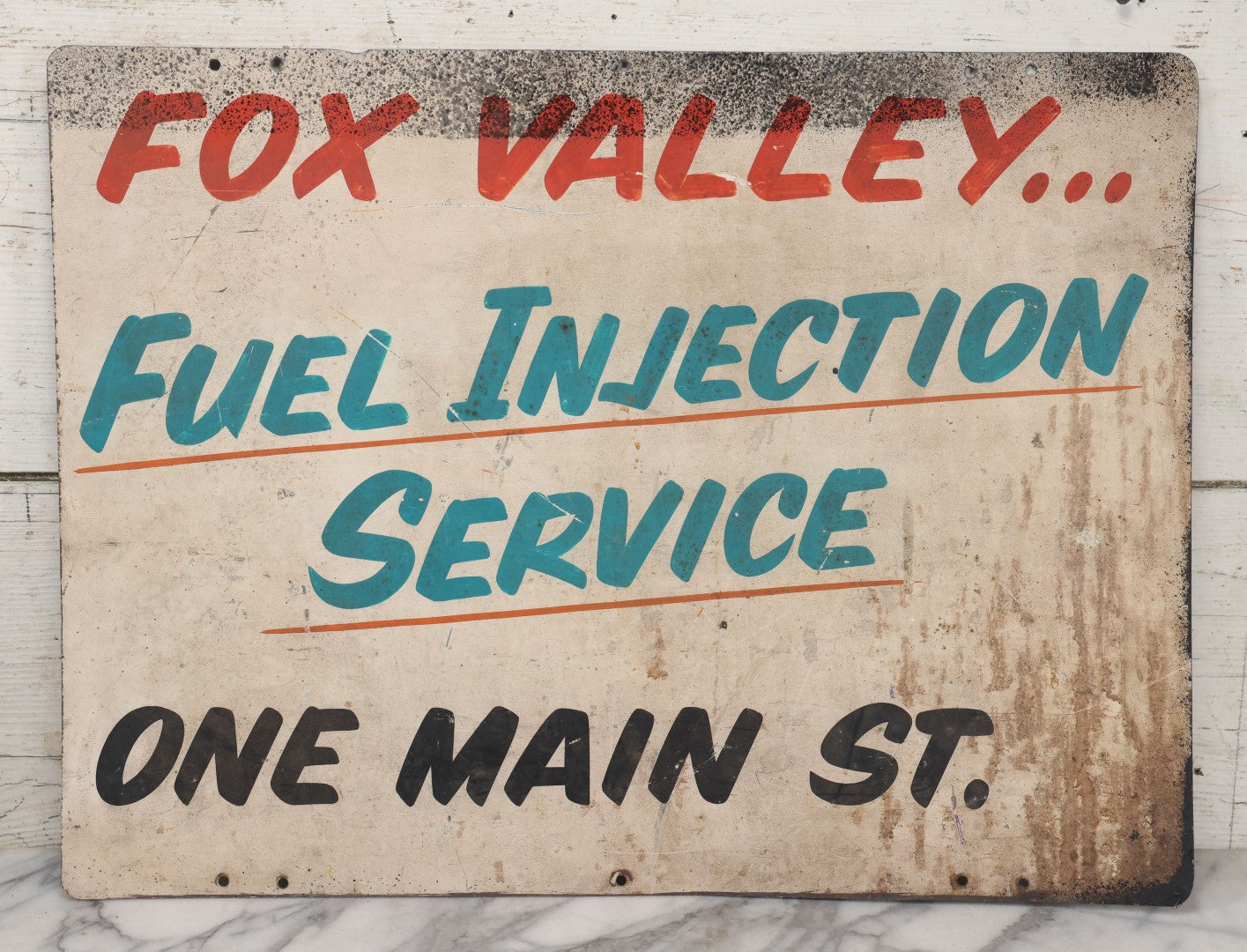 Lot 084 - Vintage Hand Painted Metal Automotive Trade Sign, Fox Valley Fuel Injection Service, On Main Street, As Found, Note Wear, 14" x 17-7/8"
