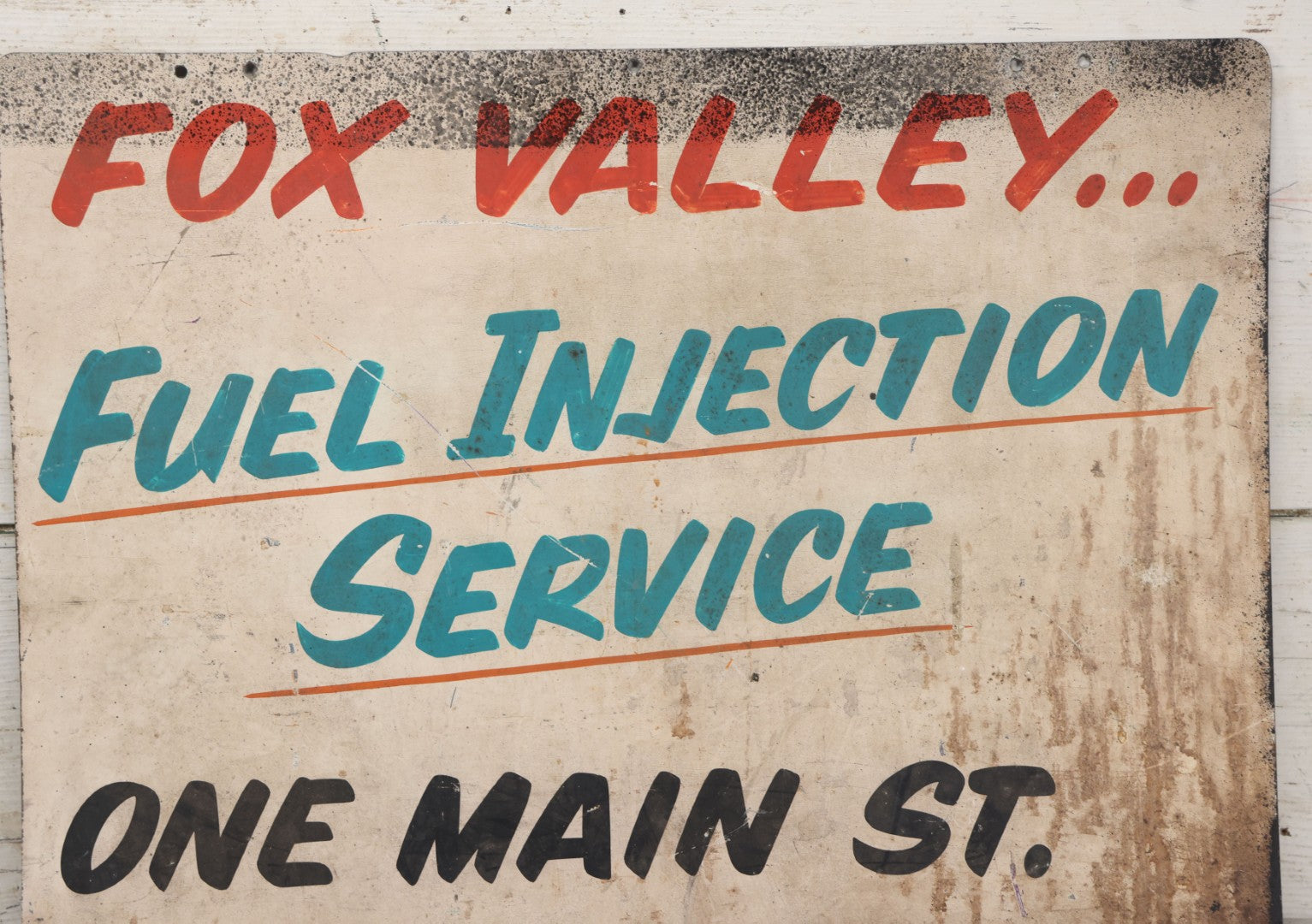 Lot 084 - Vintage Hand Painted Metal Automotive Trade Sign, Fox Valley Fuel Injection Service, On Main Street, As Found, Note Wear, 14" x 17-7/8"